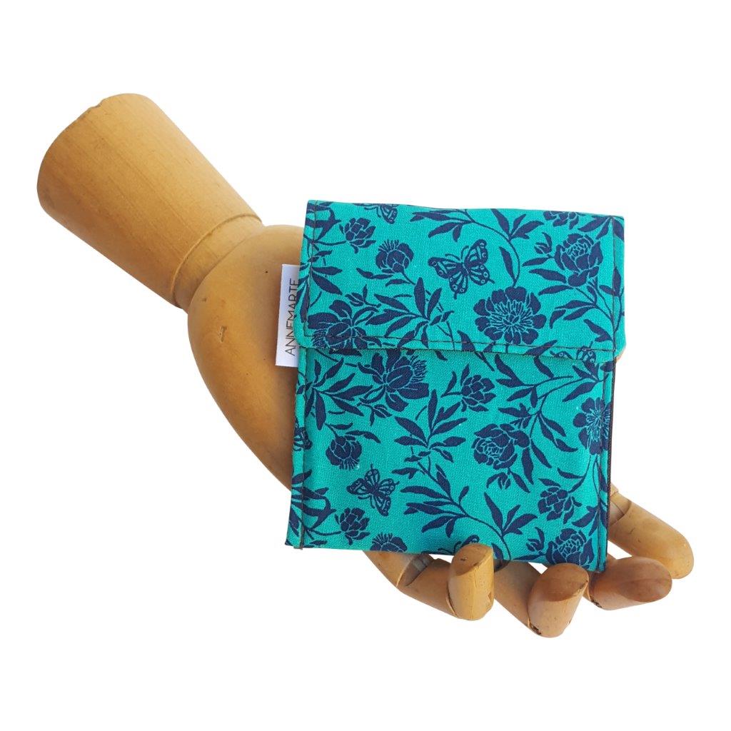 Teal Butterlfy print Velcro Mini Wallet by Anne Marie Beard. Handmade in Austin, Texas since 2004 y'all! annemarie mini wallet austin texas