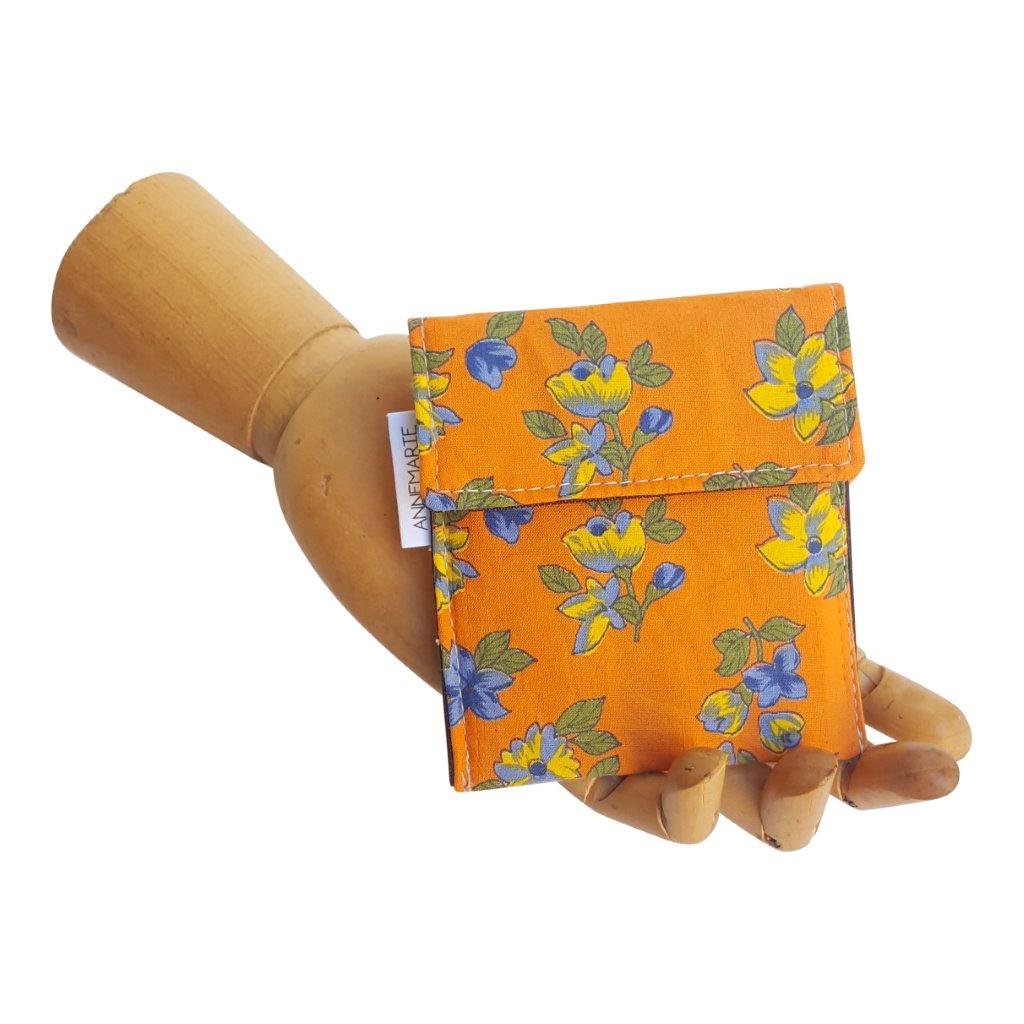 Orange floral vintage fabric Velcro Mini Wallet by Anne Marie Beard. Handmade in Austin, Texas since 2004 y'all! annemarie mini wallet austin texas