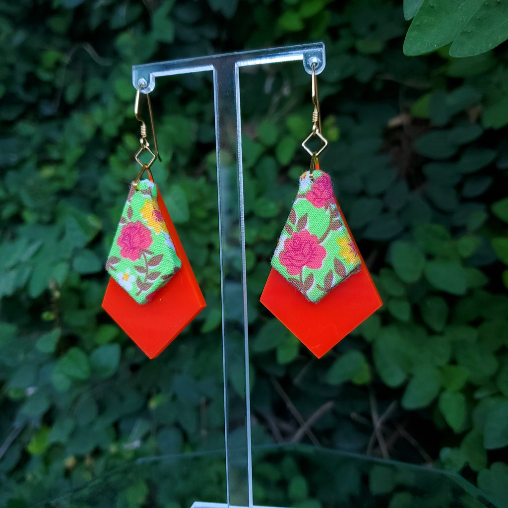 Rosy - Textile Earrings Made from 1950s fabric and acrylic. By Austin designer Anne Marie Beard.