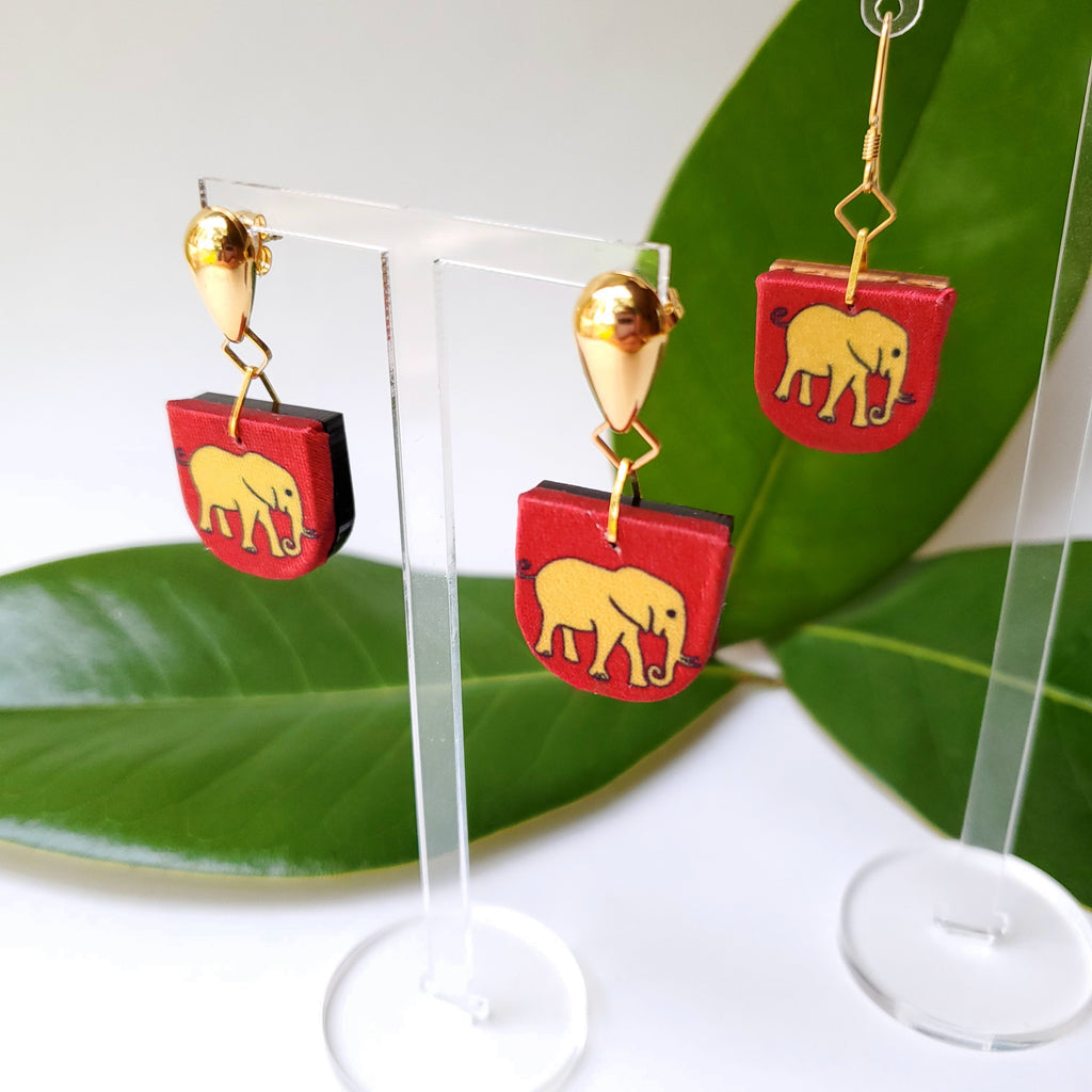 Elephant print Textile Earrings Made from a recycled necktie. By Austin designer Anne Marie Beard.