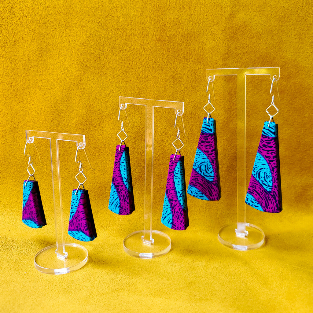 Plum Party Sustainable Textile Earrings made from recycled clothing. Handmade by jewelry designer Anne Marie Beard in Austin, Texas.