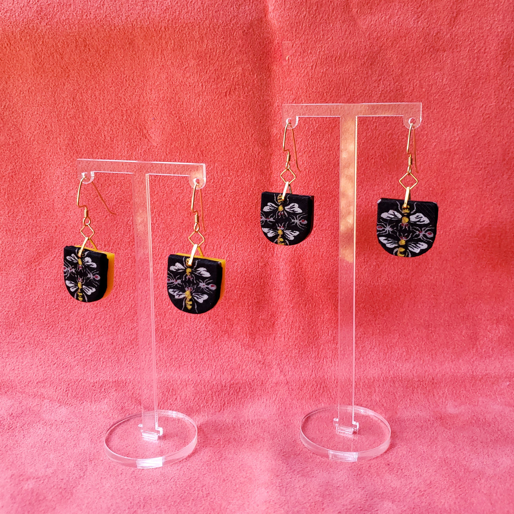 Bumble Bee Necktie fabric textile earrings. Handmade by designer Anne Marie Beard in Austin, Texas.