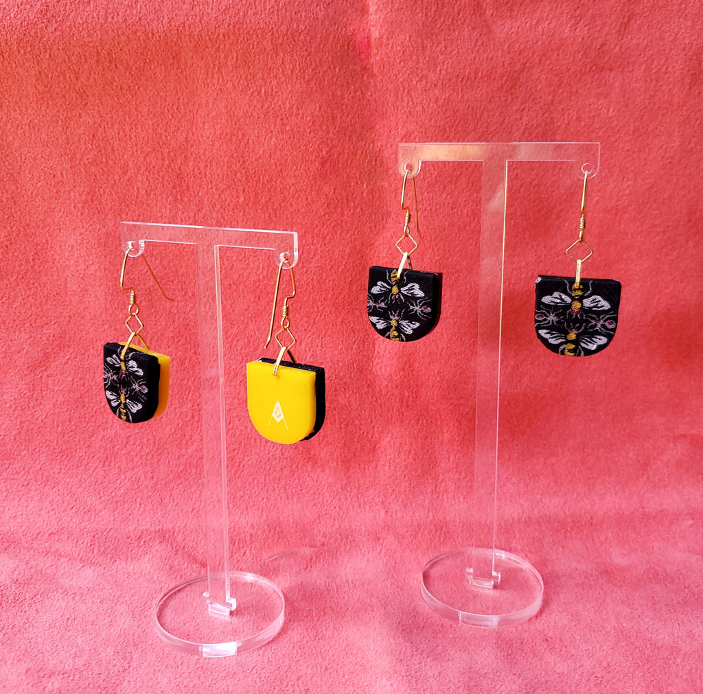 Bumble Bee Necktie fabric textile earrings. Handmade by designer Anne Marie Beard in Austin, Texas.