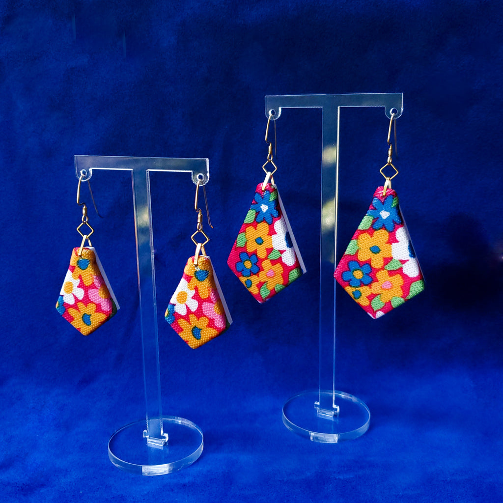 1970s Flower Power Sustainable Textile Earrings made from recycled clothing. Handmade by jewelry designer Anne Marie Beard in Austin, Texas.