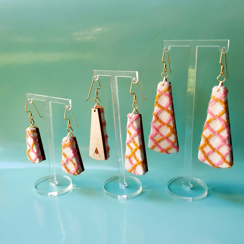 1960s Vintage Pink & Gold Textile Earrings made from recycled clothing. Handmade by jewelry designer Anne Marie Beard in Austin, Texas.